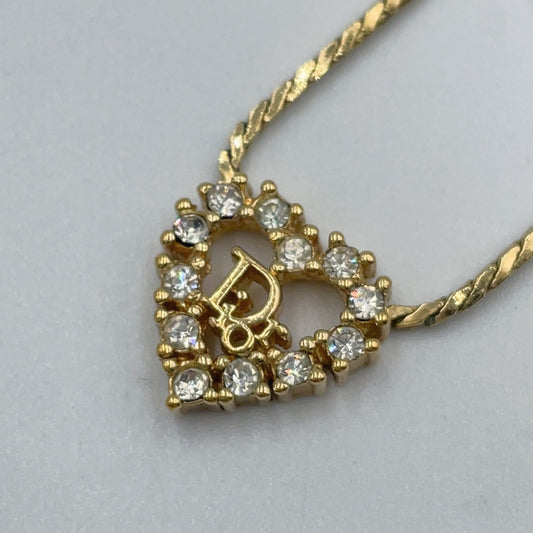 Dior Rhinestone Heart CD Logo Color Stone Clear Gold Necklace
