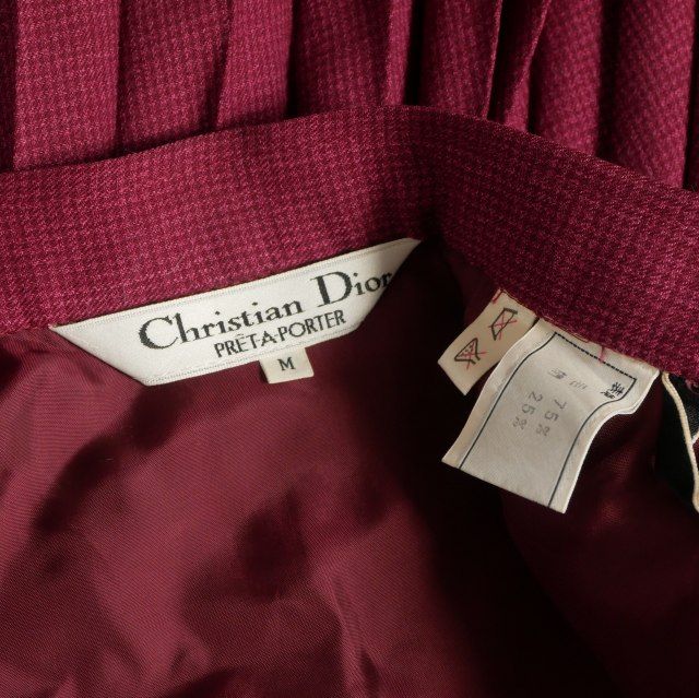 Dior Silk Blend Houndstooth Pleated Skirt Switchable Knee Length Burgundy M — view 5