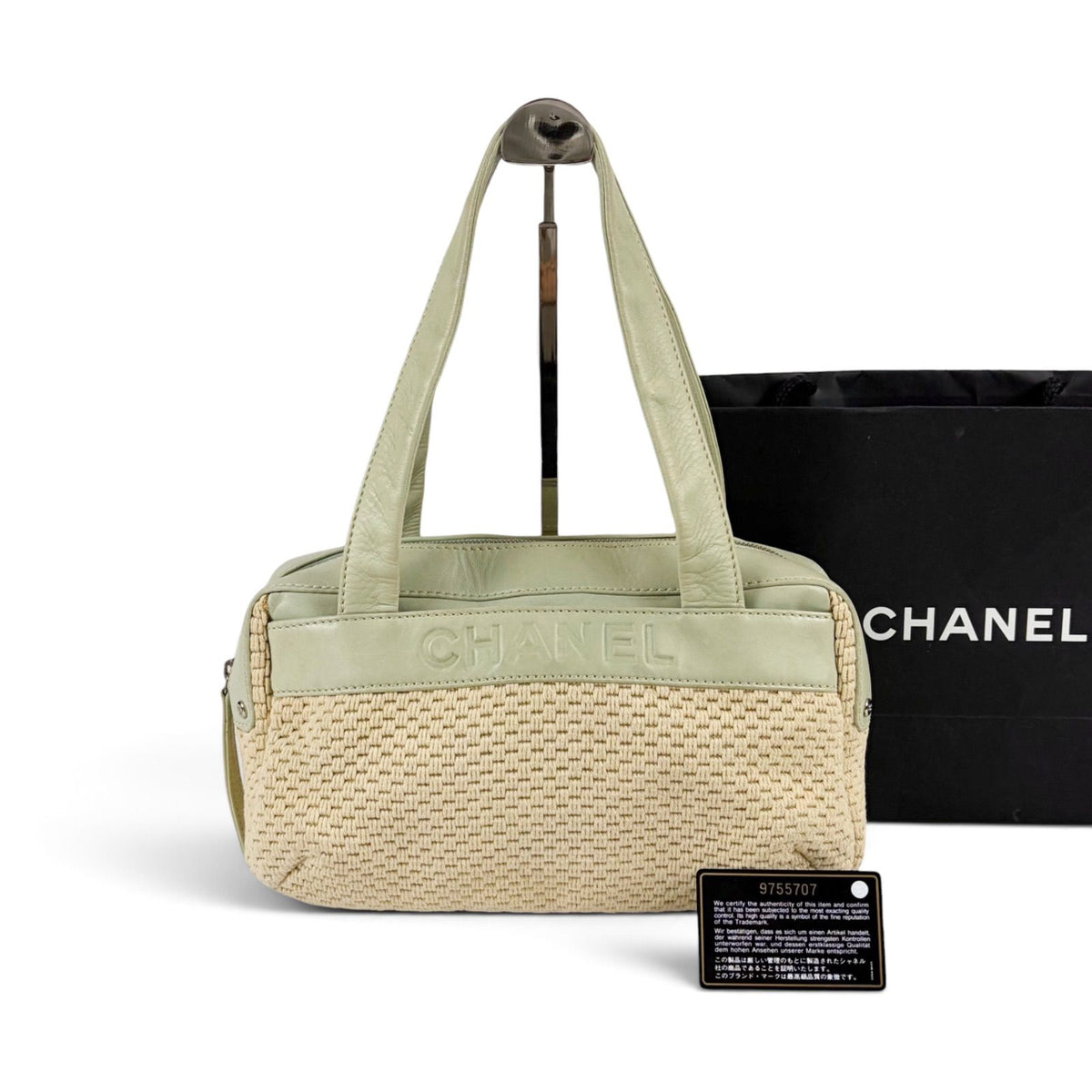 Chanel Raffia Lambskin Logo Mini Boston Bag Beige Green