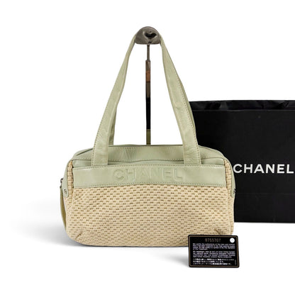 Chanel Raffia Lambskin Logo Mini Boston Bag Beige Green