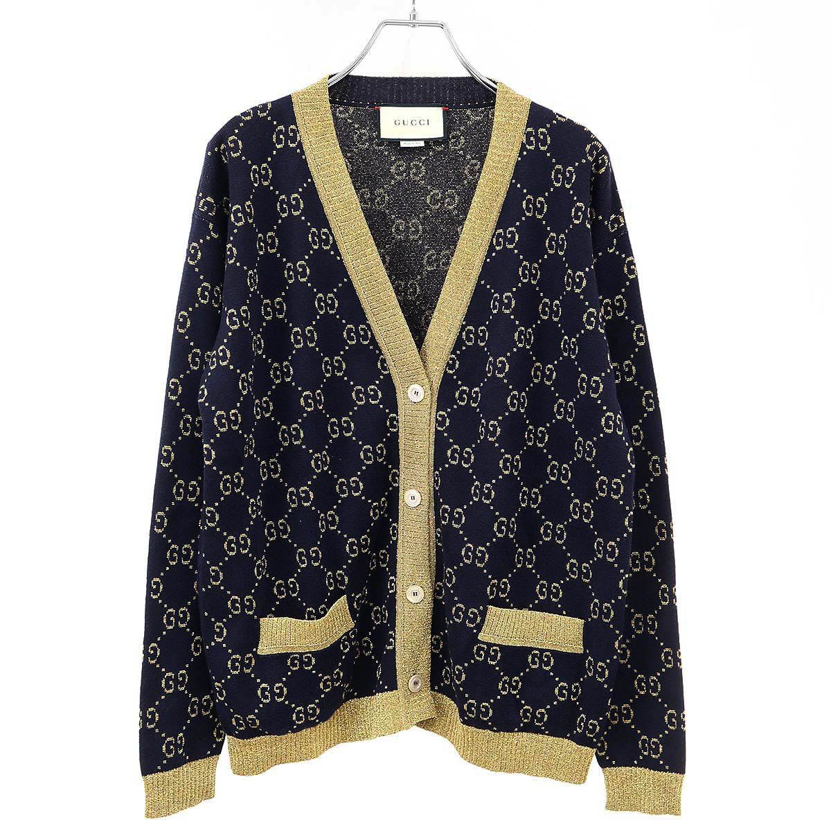 Gucci GG Cotton Lame Fabric Cardigan Navy Gold XS