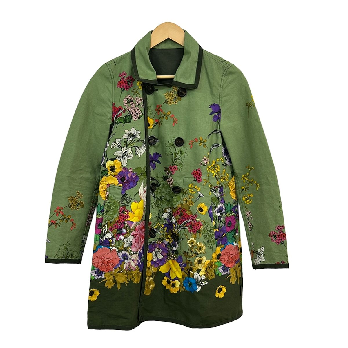 Moncler Coat S Coquille Khaki Dark Green Multi Long Sleeves Flower Pattern 1