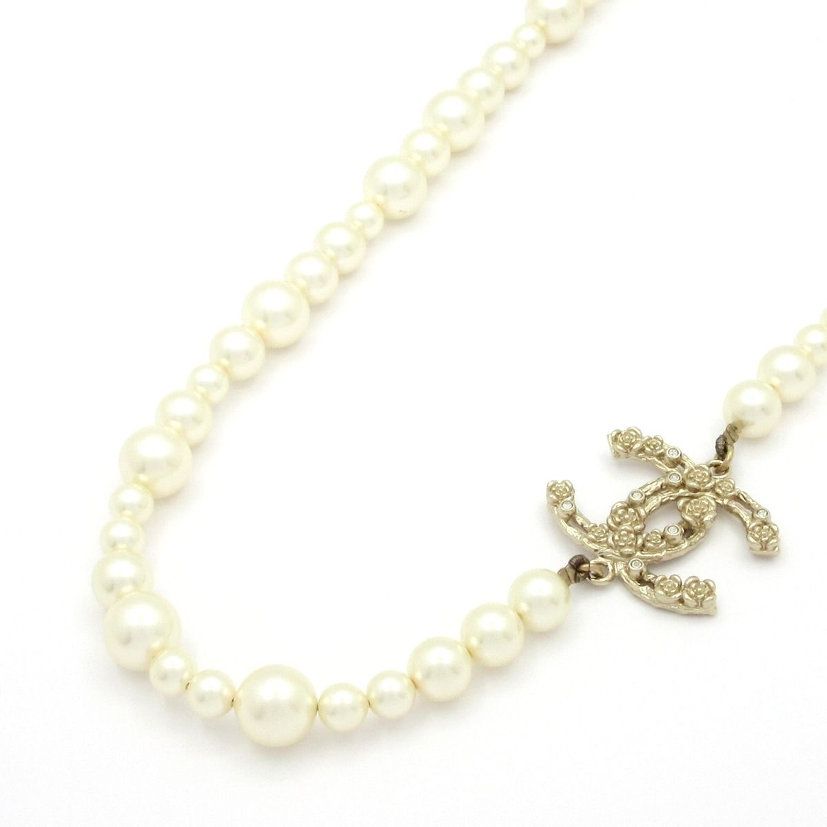 Chanel Necklace CC Logo Ivory Gold Clear Camellia