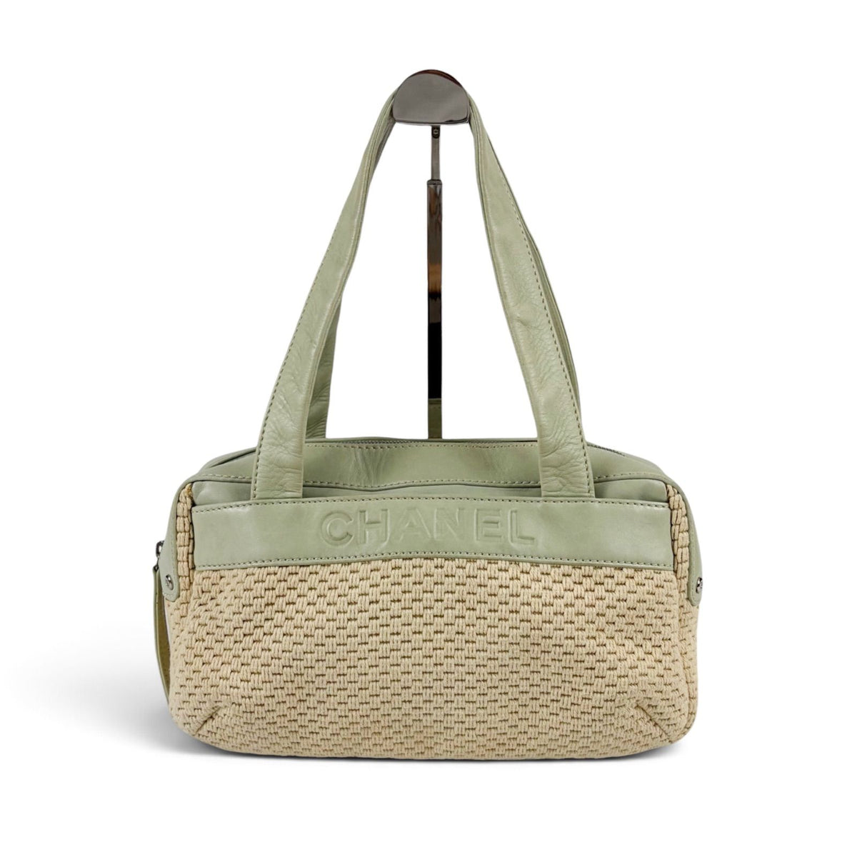 Chanel Raffia Lambskin Logo Mini Boston Bag Beige Green — view 2