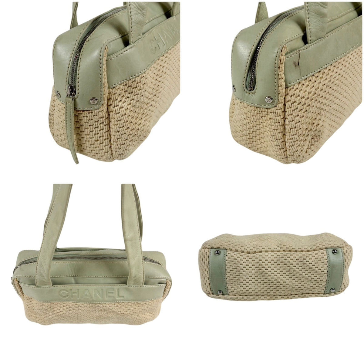 Chanel Raffia Lambskin Logo Mini Boston Bag Beige Green — view 4