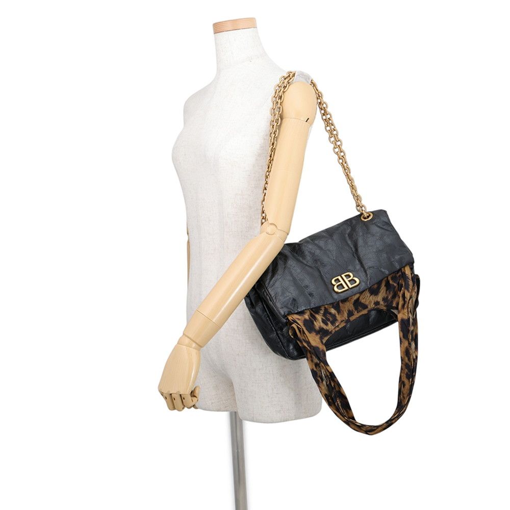 Balenciaga Chain Shoulder Bag Monaco Small Leopard Lambskin Nylon Tote Black — view 7