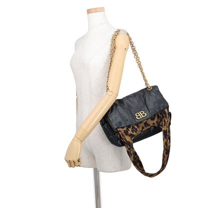 Balenciaga Chain Shoulder Bag Monaco Small Leopard Lambskin Nylon Tote Black — view 7