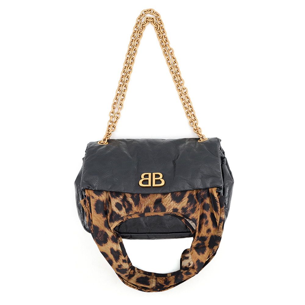Balenciaga Chain Shoulder Bag Monaco Small Leopard Lambskin Nylon Tote Black — view 5