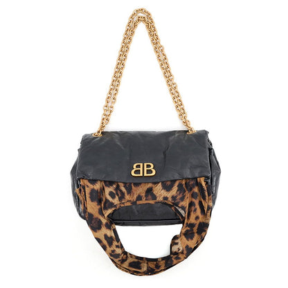 Balenciaga Chain Shoulder Bag Monaco Small Leopard Lambskin Nylon Tote Black — view 5