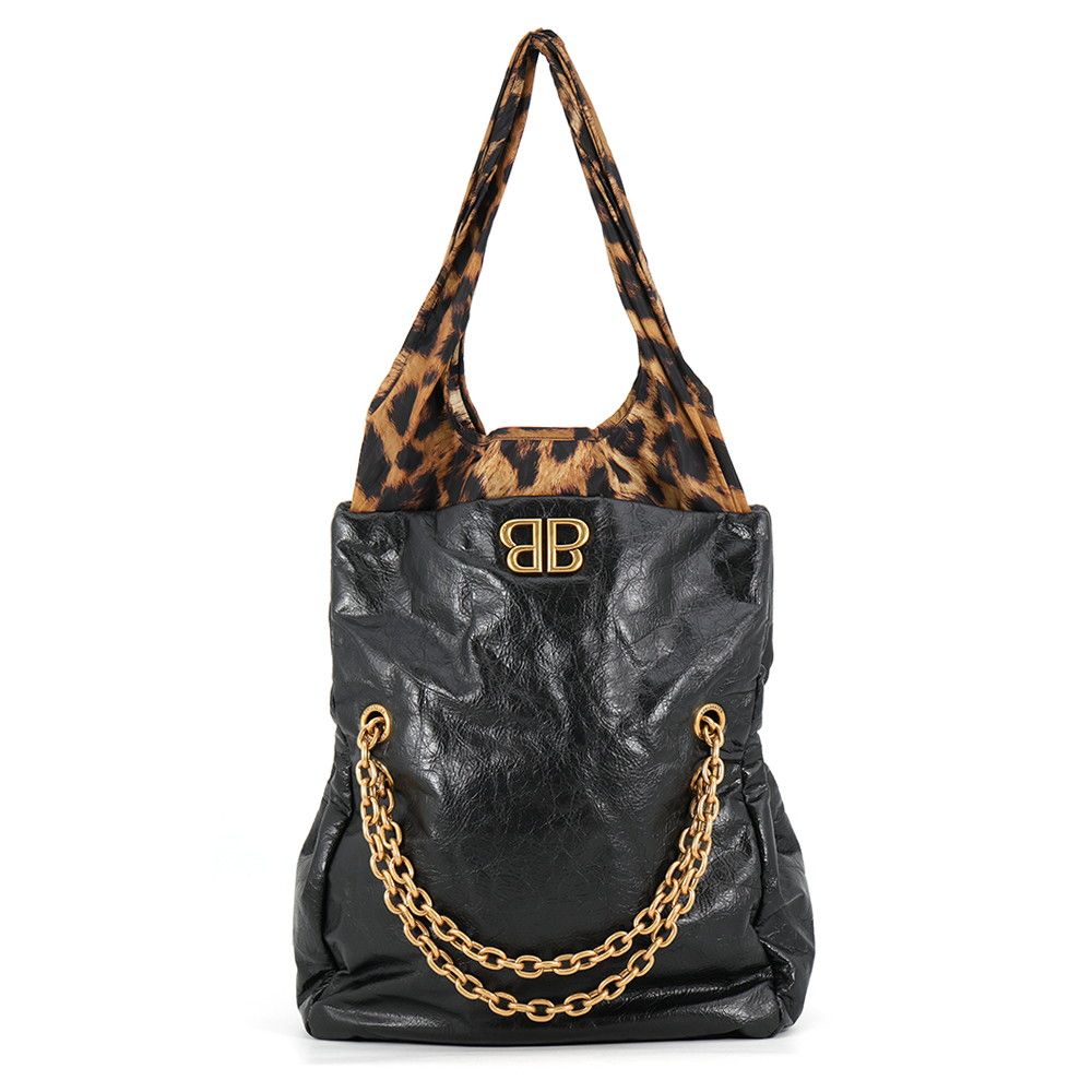 Balenciaga Chain Shoulder Bag Monaco Small Leopard Lambskin Nylon Tote Black