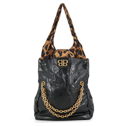 Balenciaga Chain Shoulder Bag Monaco Small Leopard Lambskin Nylon Tote Black
