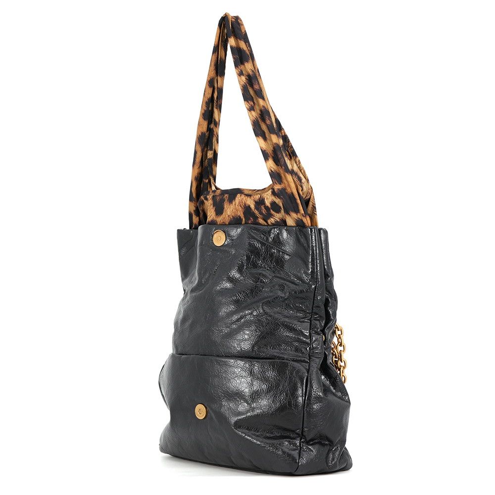 Balenciaga Chain Shoulder Bag Monaco Small Leopard Lambskin Nylon Tote Black — view 2