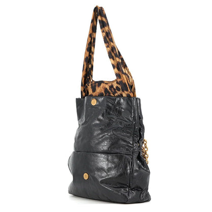 Balenciaga Chain Shoulder Bag Monaco Small Leopard Lambskin Nylon Tote Black — view 2