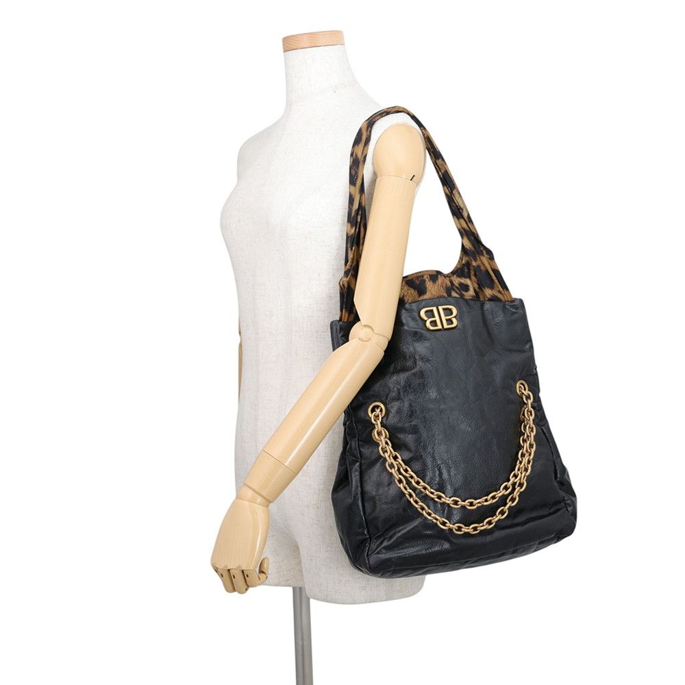 Balenciaga Chain Shoulder Bag Monaco Small Leopard Lambskin Nylon Tote Black — view 4