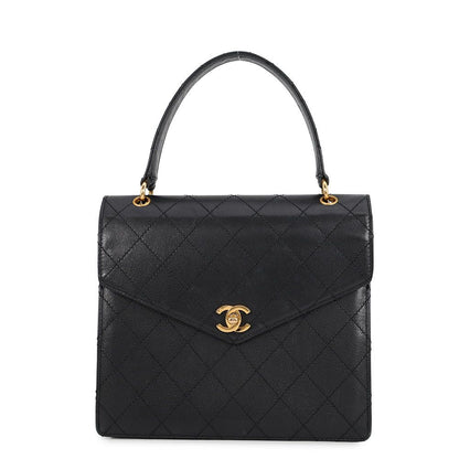 Chanel Handbag Quilted CC Logo Top Handle Flap Caviar Leather Black