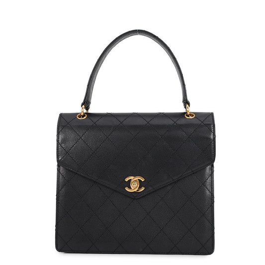 Chanel Handbag Quilted CC Logo Top Handle Flap Caviar Leather Black