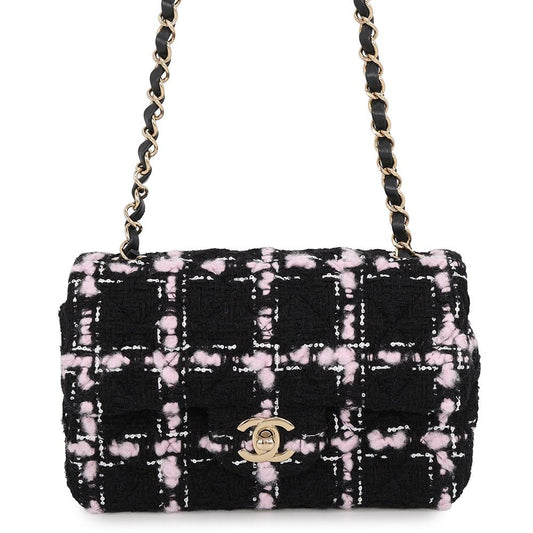 Chanel Chain Shoulder Bag Quilted 20 CC Logo Tweed Black