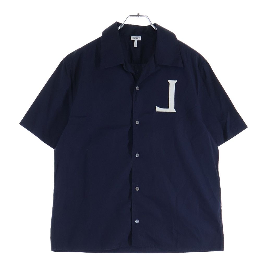 Loewe Cotton Poplin Open Collar Short Sleeve Shirt Navy