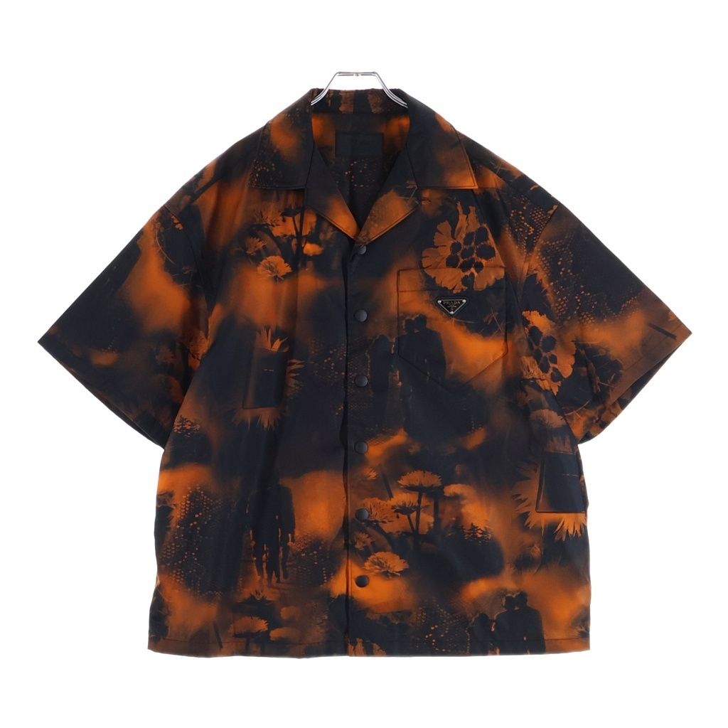 Prada Re Ny Re-Nylon Flower Print Short Sleeve Shirt Black Orange