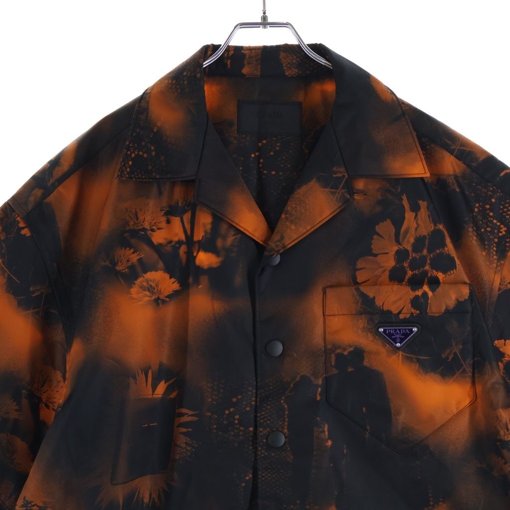 Prada Re Ny Re-Nylon Flower Print Short Sleeve Shirt Black Orange — view 3