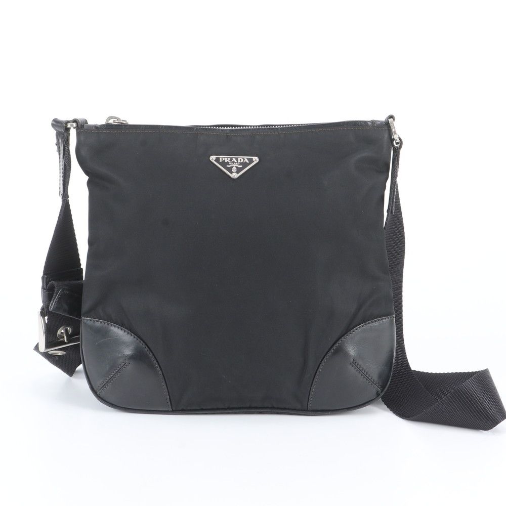 Prada Tessuto Nylon Triangle Logo Leather Shoulder Bag Crossbody Messenger Black