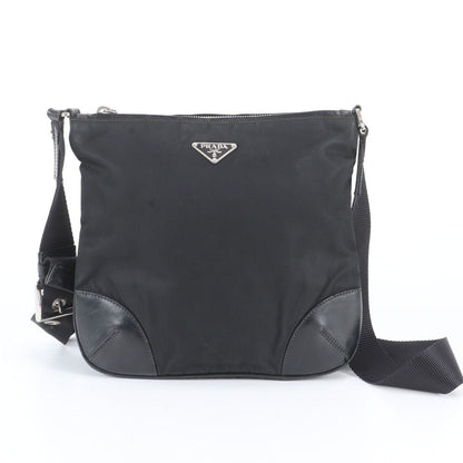 Prada Tessuto Nylon Triangle Logo Leather Shoulder Bag Crossbody Messenger Black