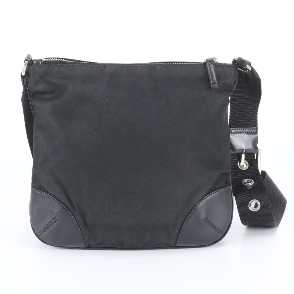 Prada Tessuto Nylon Triangle Logo Leather Shoulder Bag Crossbody Messenger Black — view 3