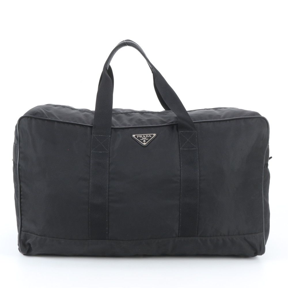 Prada Tessuto Nylon Triangle Logo Leather Boston Bag Tote Black