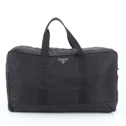 Prada Tessuto Nylon Triangle Logo Leather Boston Bag Tote Black