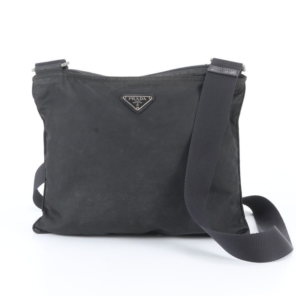 Prada Tessuto Nylon Triangle Logo Leather Shoulder Bag Crossbody Messenger Black