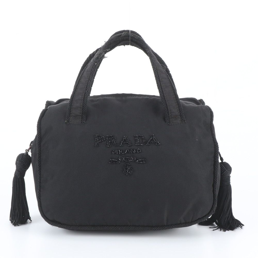 Prada Tessuto Nylon Bijou Logo Embroidery Tassel Handbag Black