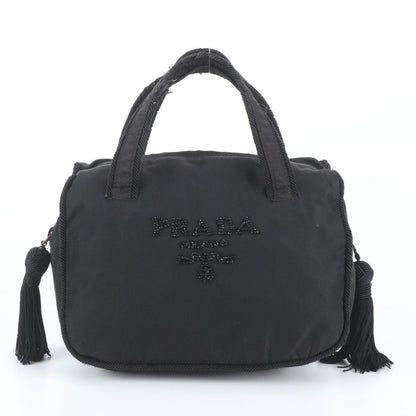Prada Tessuto Nylon Bijou Logo Embroidery Tassel Handbag Black