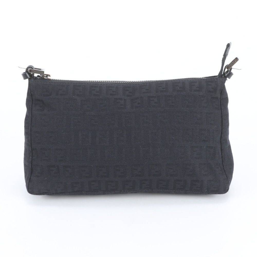Fendi Zucchino Pouch Leather Canvas Handbag Black