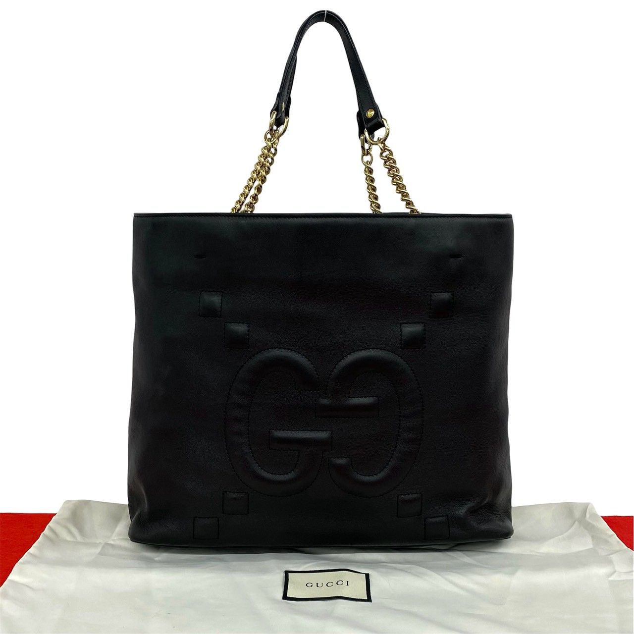 Gucci GG Logo Leather Chain Tote Shoulder Bag Black