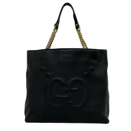 Gucci GG Logo Leather Chain Tote Shoulder Bag Black — view 3