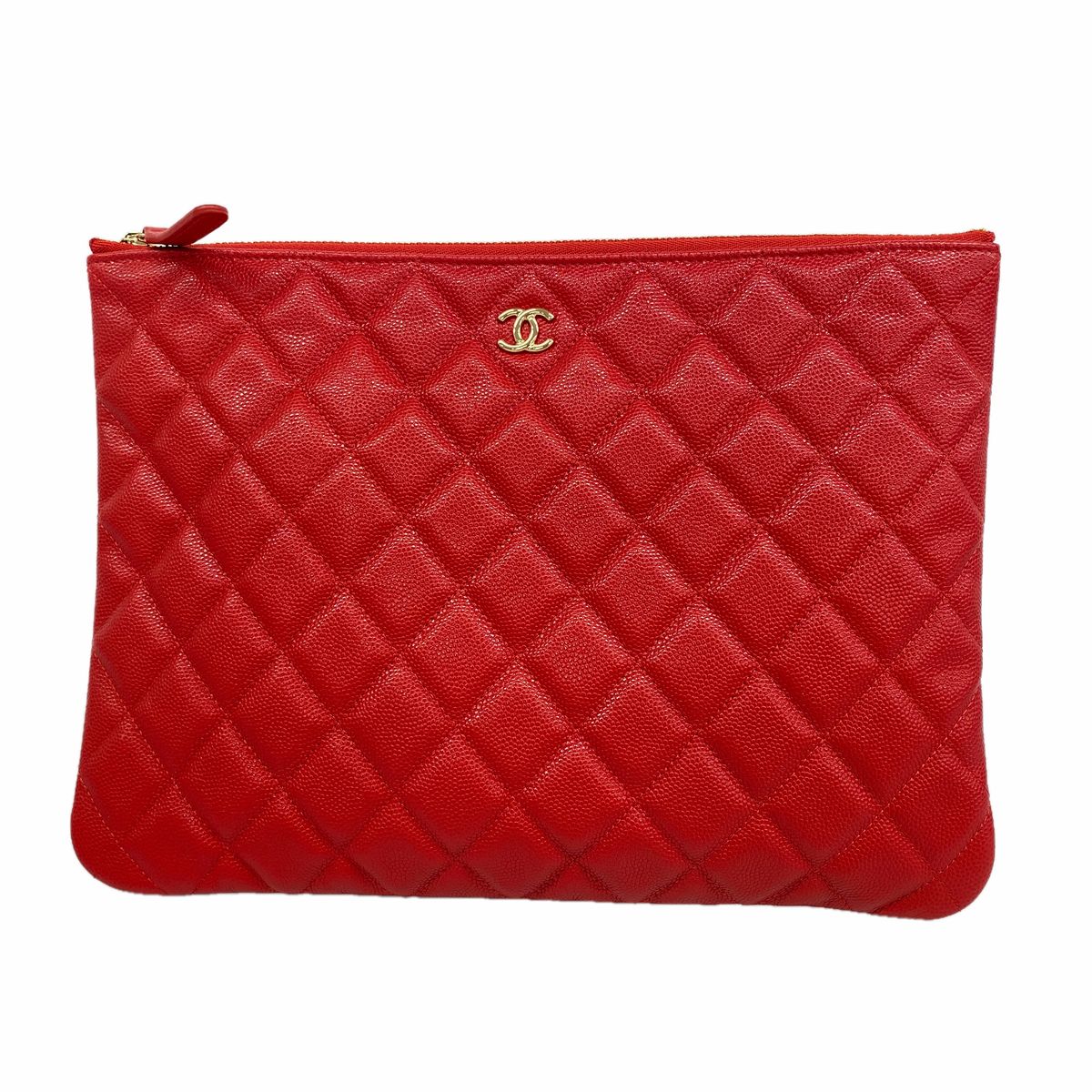 Chanel Clutch Quilted Caviar Leather Red Gold