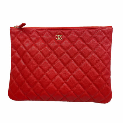 Chanel Clutch Quilted Caviar Leather Red Gold