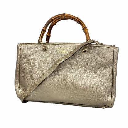 Gucci Handbag Bamboo Leather Pale Silver Champagne Gold 2-Way Bag