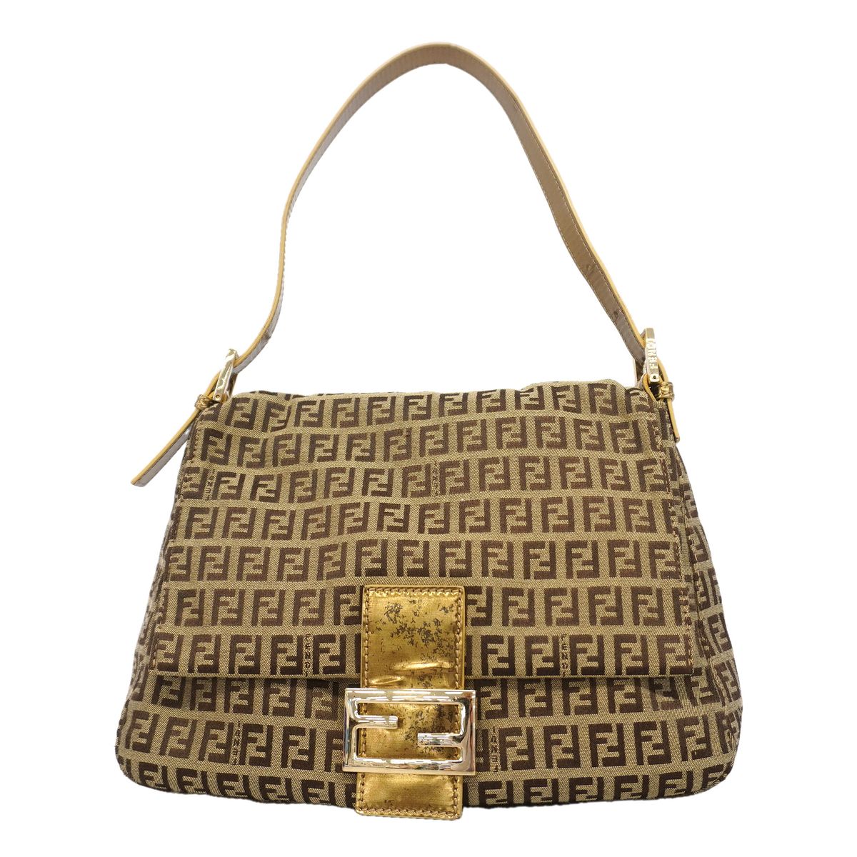 Fendi Handbag Zucchino Mamma Bucket Nylon Canvas Beige Brown Champagne Gold