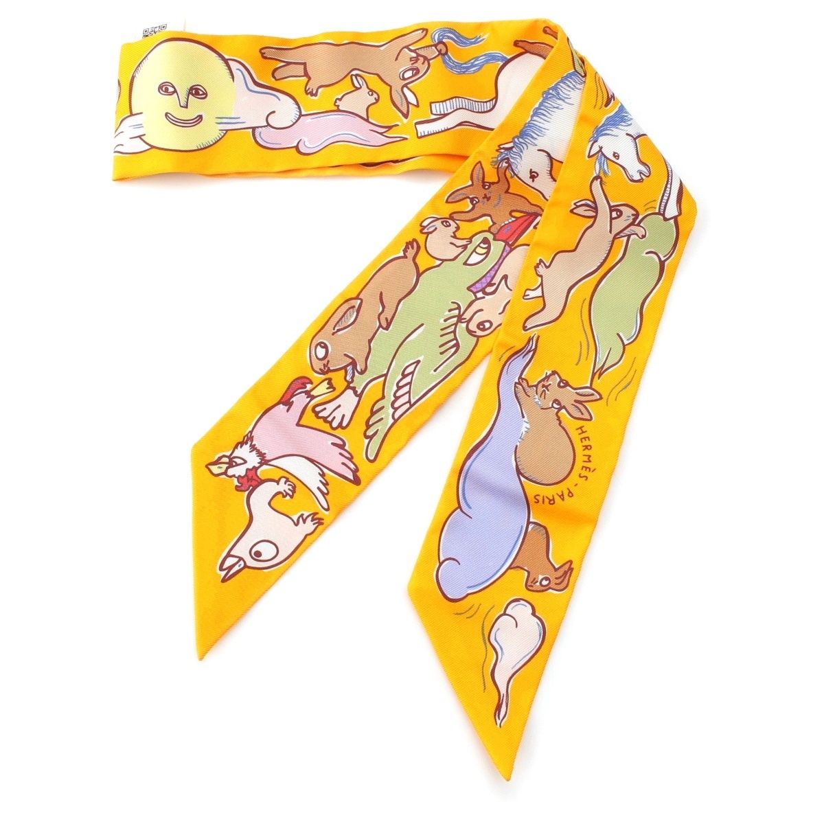 Hermes Twilly Silk Mille Et Un Lapins Thousand and One Rabbit Scarf Yellow