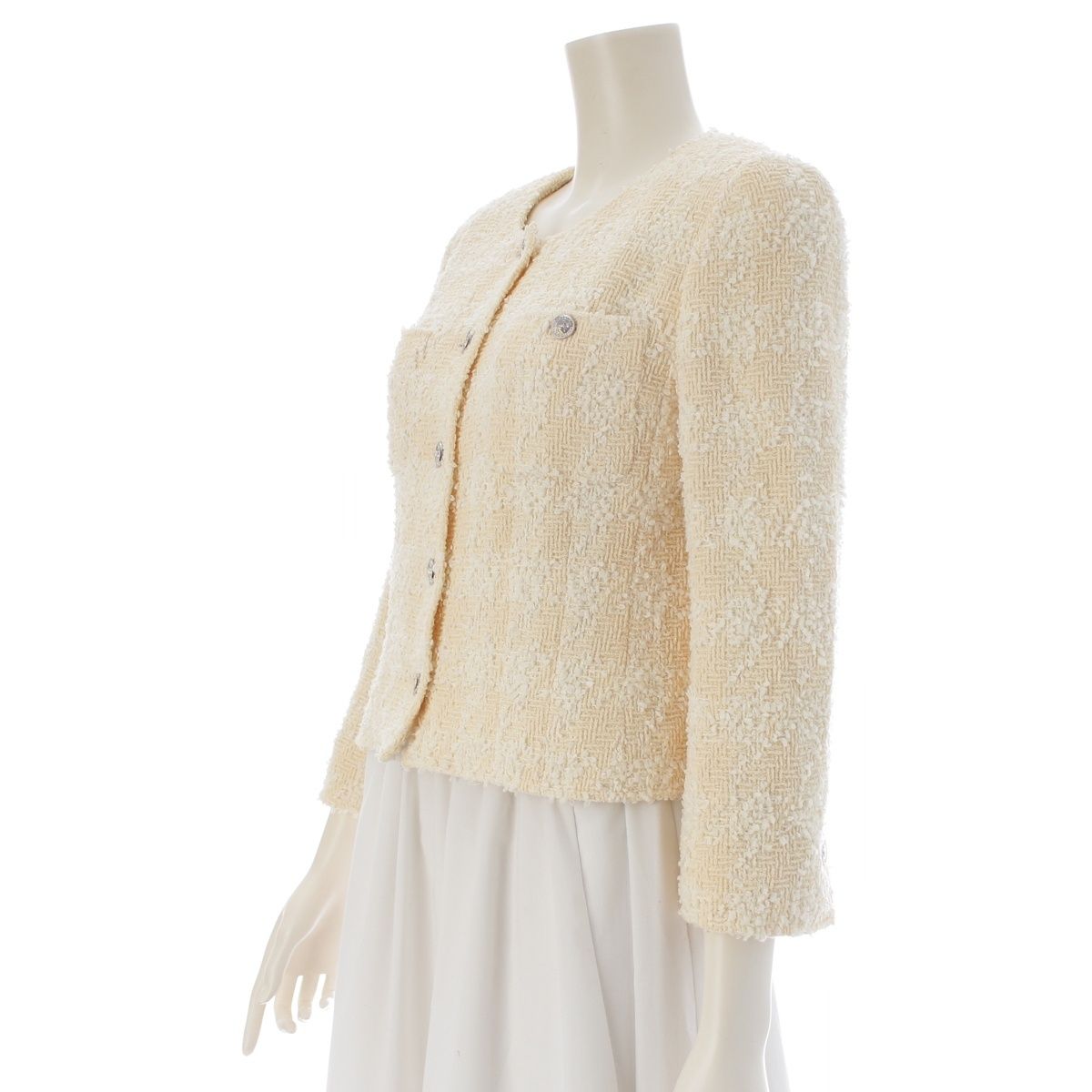 Chanel Tweed Coco Buttons Collarless Jacket White 36 — view 2