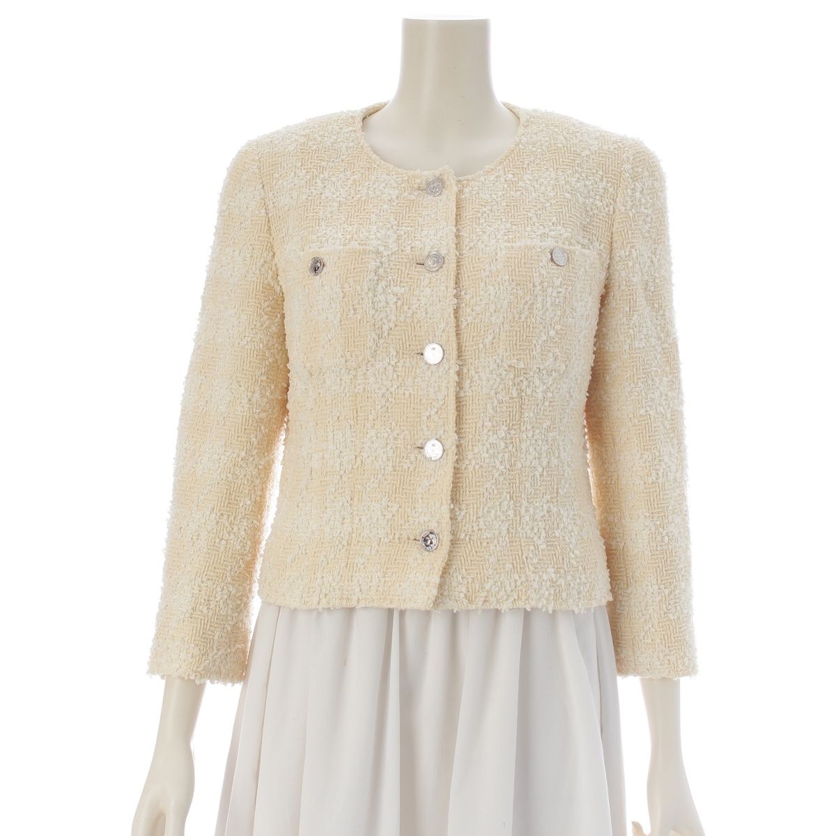 Chanel Tweed Coco Buttons Collarless Jacket White 36