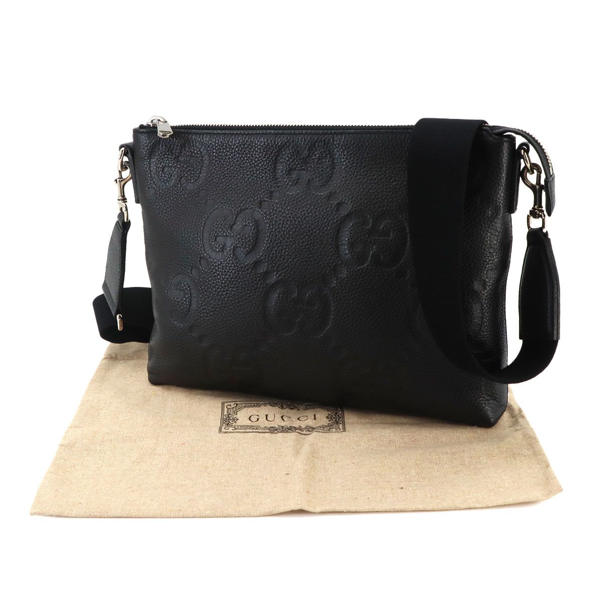 Gucci Jumbo GG Shoulder Bag Leather Black Silver — view 2