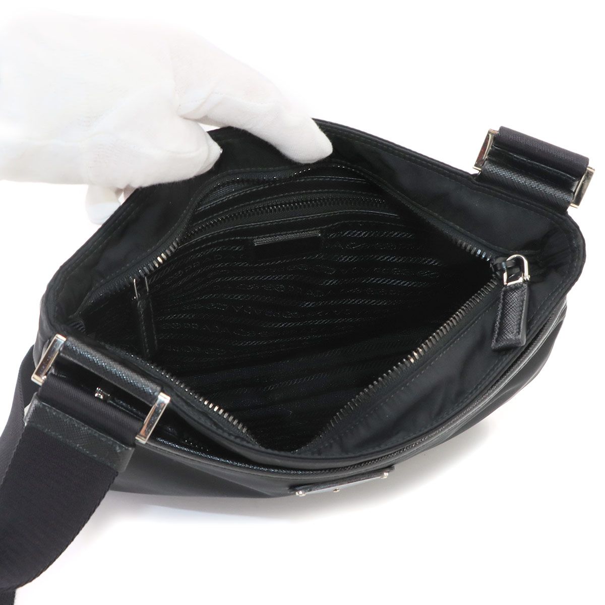 Prada Shoulder Bag Nylon Saffiano Leather Nero Black Silver — view 7