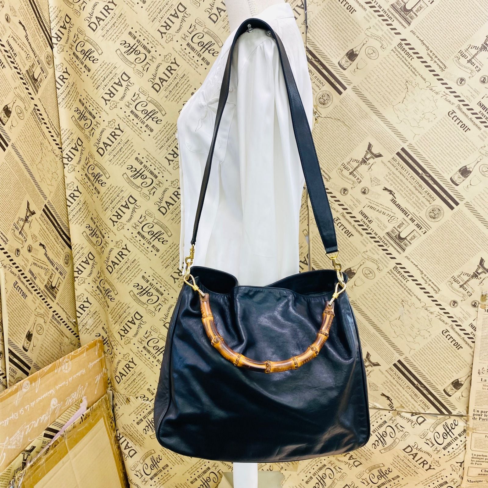 Gucci Bamboo Leather 2-Way Shoulder Hand Bag Black — view 5