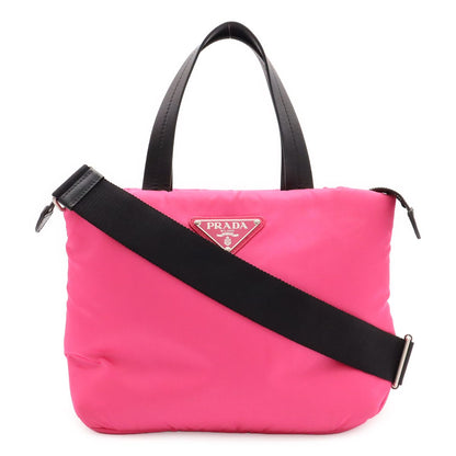 Prada Tessuto Soft Tote 2-Way Shoulder Bag Nylon Leather Pink Black Silver