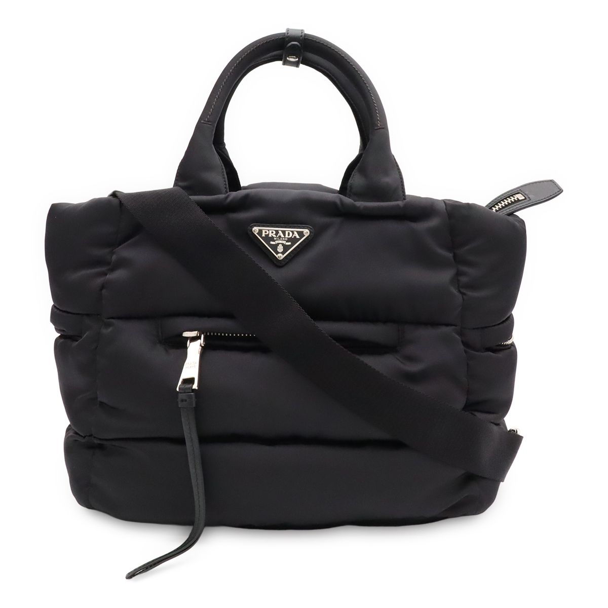 Prada Bomber Triangle Logo Tote 2-Way Shoulder Bag Nylon Leather Nero Black