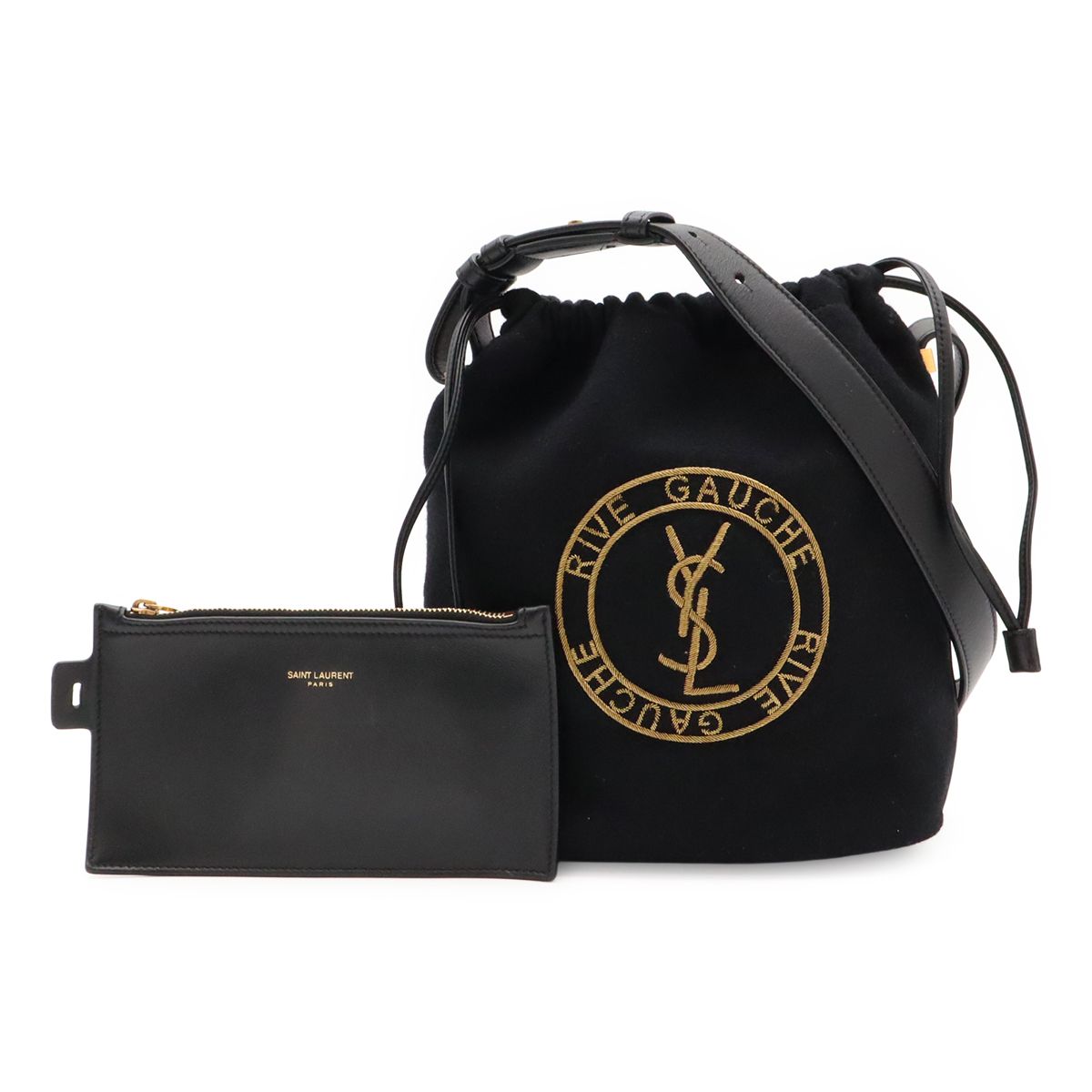 Saint Laurent Paris YSL Rive Gauche Bucket Bag Drawstring Felt Black