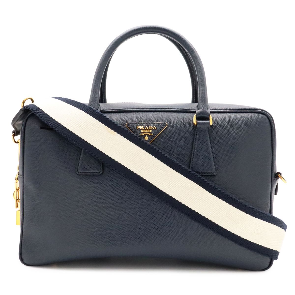 Prada Saffiano Mini Boston Bag 2-Way Crossbody Leather Navy Gold