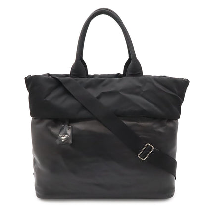 Prada Reversible Tote 2-Way Shoulder Bag Nylon Leather Nero Black Silver